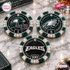 Philadelphia Eagles NFL Poker Set featuring three circular chips with team logos, rhinestones, and numbered values 1, 5, 100.