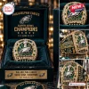 Closeups of a Philadelphia Eagles Super Bowl Championship Ring featuring team logos and green accents in a display case.