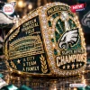 Side view of a Philadelphia Eagles Super Bowl Championship Ring featuring Lincoln Financial Field and eagle logo.