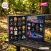 Open Pink Floyd Little People Advent Calendar Blind Box on wooden bench outdoors.