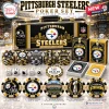 Front view of a Pittsburgh Steelers deluxe poker set including a carrying case, playing cards, dice, and themed chips.
