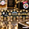 Front view of three Pittsburgh Steelers deluxe poker chips with helmet, stadium, and team logo designs.