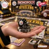 Close-up of a hand holding a miniature Pittsburgh Steelers Monopoly board game helmet token.