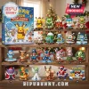 Pokemon 2026 Holiday Advent Calendar box next to 24 miniature collectible figures on wooden shelves with festive decor.