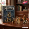 Front view of Police K9 Advent Calendar box alongside six dog figurines on a wooden desk.