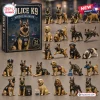 Front view of Police K9 Advent Calendar box alongside various miniature police dog figurines.