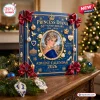 Front view of a blue Princess Diana 65th Anniversary Ornament Advent Calendar decorated with burgundy ribbons and ornaments.