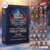 Pro Football Hall of Fame 2026 Advent Calendar box next to 24 miniature collectible football player figurines.