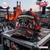 Front view of Rammstein Mexico City 2026 distressed baseball cap with fire graphics and concert stage background.