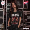 Front view of a woman wearing a black Rammstein Mexico City concert tour 2026 shirt with stage flame graphics.