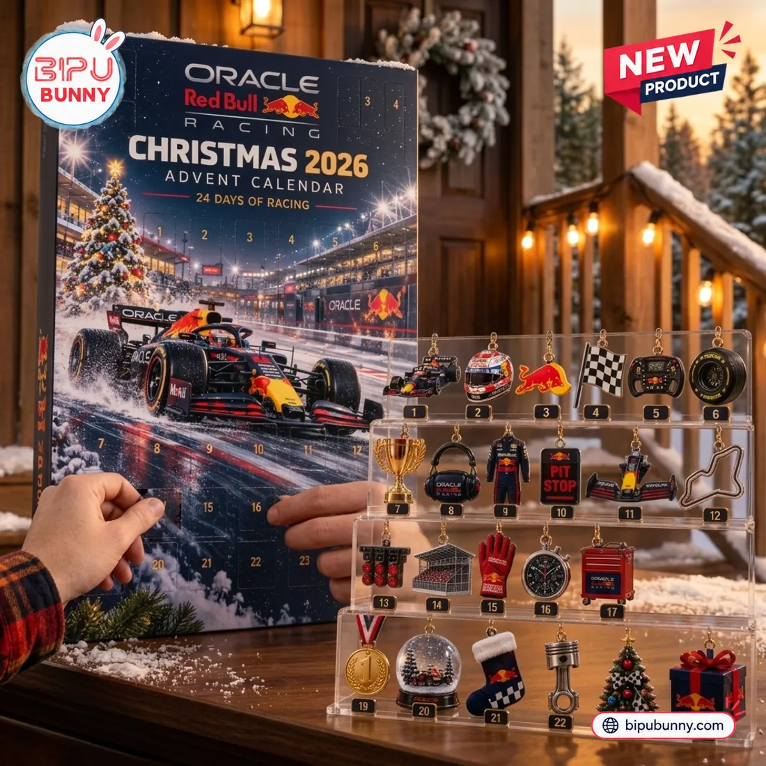 Front view of Red Bull Racing 2026 Advent Calendar box and keyring set.