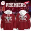 Front and back view of the Redcliffe Dolphins 2026 Hostplus Cup Premiers maroon hoodie with white accents.