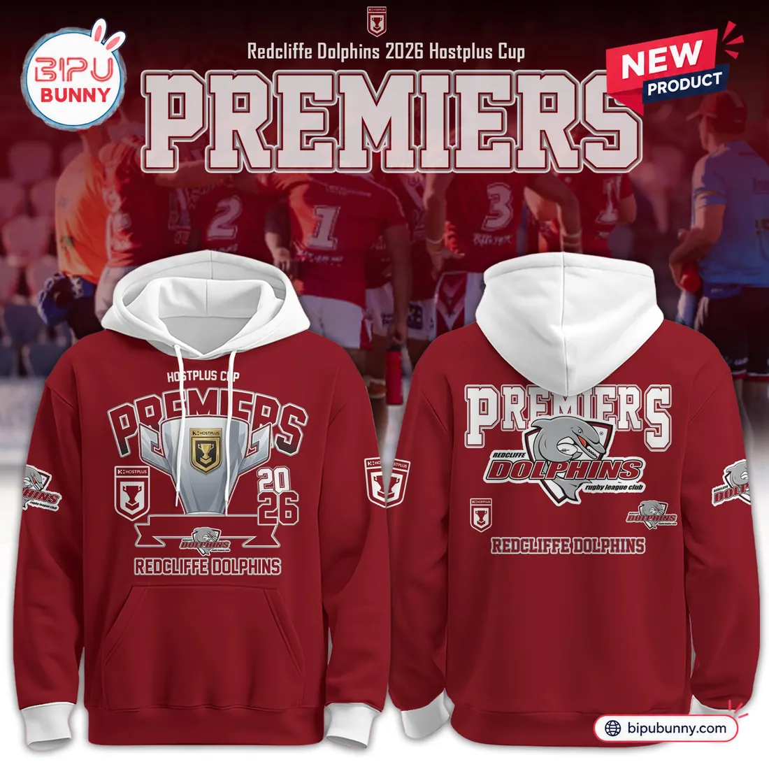 Redcliffe Dolphins 2026 Hostplus Cup Premiers Maroon Hoodie Redcliffe Dolphins 2026 Hostplus Cup Premiers Maroon Hoodie