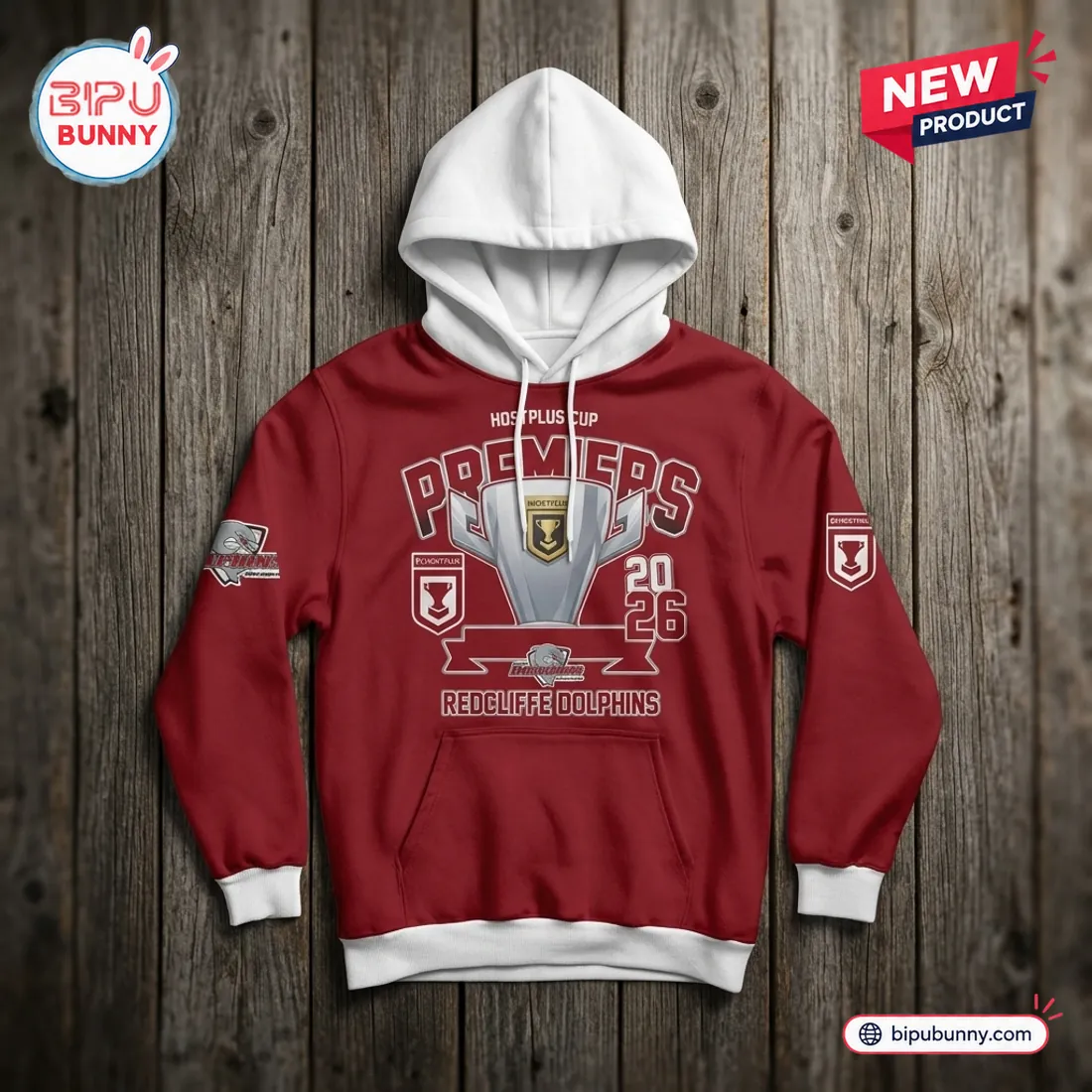 Redcliffe Dolphins 2026 Hostplus Cup Premiers Maroon Hoodie Redcliffe Dolphins 2026 Hostplus Cup Premiers Maroon Hoodie