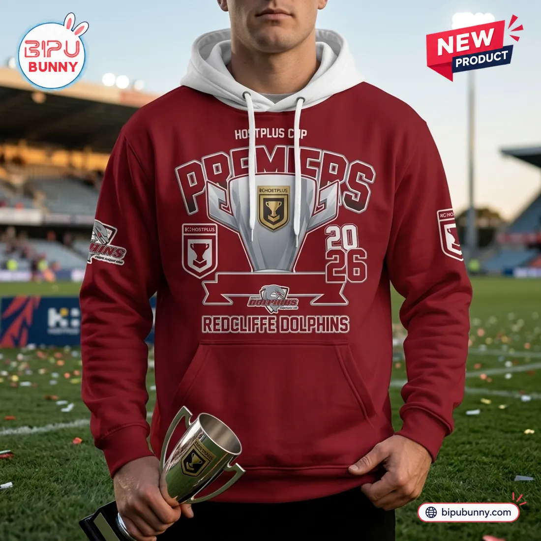 Redcliffe Dolphins 2026 Hostplus Cup Premiers Maroon Hoodie Redcliffe Dolphins 2026 Hostplus Cup Premiers Maroon Hoodie