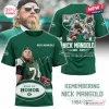Front and back views of a green t-shirt featuring photographic tributes to football player Nick Mangold.