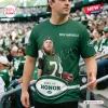 Front view of a green t-shirt with a Nick Mangold Ring of Honor tribute graphic.