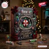 Front view of Resident Evil 30th Anniversary Advent Calendar 2026 decorated with red ribbons and miniature game items.