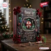 Perspective view of a black Resident Evil 30th Anniversary Advent Calendar 2026 decorated with bows and game icons.