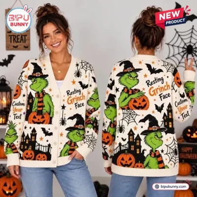 Resting Grinch Face Halloween Knitted Cardigan