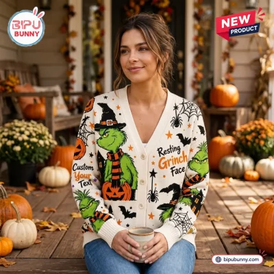 Resting Grinch Face Halloween Knitted Cardigan
