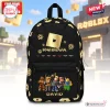 Front view of a black custom name gamer backpack featuring gold coin patterns and character graphics.