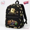 Front view of a black Roblox custom name gamer backpack with gold icons and avatar graphics.
