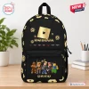 Front view of the Roblox Black Custom Name Gamer Backpack featuring character graphics and gold coin patterns.