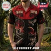 Rush Band red and black Hawaiian shirt featuring the Starman logo, clock face, owl, and mountainous landscape graphics.