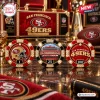 Front view of three poker chips with San Francisco 49ers logos and stadium imagery in front of a collector case.