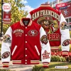 Front and back view of the San Francisco 49ers Football Mascot Baseball Jacket in red and white.