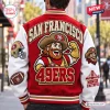Back view of San Francisco 49ers Football Mascot Baseball Jacket featuring a large mascot graphic.