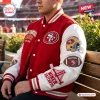 Side view of a San Francisco 49ers Football Mascot Baseball Jacket worn outdoors.
