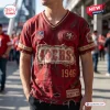 Front view of a distressed red San Francisco 49ers NFL football t-shirt with torn patches and 1946 graphic print.