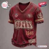 Front view of a distressed red San Francisco 49ers NFL football t-shirt with weathered patches and team graphics.