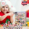 Sanrio 24 Days 2026 Advent Calendar Figures displayed by a child in a Santa hat with character figurines on the table.
