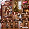 Front view of Santa In Different Eras Advent Calendar 2026 box with numerous historical Santa figurines arranged on a wooden table.