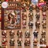 Front view of Santa In Different Eras Advent Calendar 2026 packaging alongside various miniature Santa figurines.