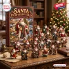 Front view of Santa In Different Eras Advent Calendar 2026 box with numerous detailed Santa figurines displayed on a wooden table.