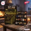 Front view of SCP-3008 Infinite Store Halloween Advent Calendar box next to numbered trinkets on a wooden table.
