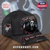 Scream Movie Ghostface Horror Distressed Black Baseball Cap featuring a 3D graphic of the killer and movie quotes.