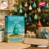 Sea Glass Gnome Advent Calendar 2026 box with teal blue gnome illustrations next to a decorated Christmas tree with charms.