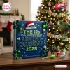 Front view of a blue Seattle Seahawks 50th Anniversary 2026 Advent Calendar box decorated with green ribbon and ornaments.