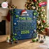 Front view of a blue Seattle Seahawks 50th Anniversary 2026 Advent Calendar surrounded by small holiday football ornaments.