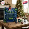 Front view of Seattle Seahawks 50th Anniversary 2026 advent calendar with miniature ornaments on a wooden table.