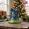 Seattle Seahawks 50th Anniversary Bell Ornament in blue and neon green with team mascot, 12 flag, and 1976-2026 text.