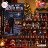 Front view of Silent Night Michael Myers 2026 Advent Calendar box next to numbered holiday figurines.