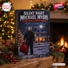 Front view of Silent Night Michael Myers 2026 Advent Calendar on a wooden table with holiday decor.