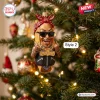 Snoop Dogg Hot Dog Christmas ornament wearing a red bandana, black sunglasses, and a gold chain on a pine tree branch.