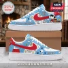 Snoopy Christmas Peanuts Gang Air Force 1 Sneakers featuring light blue leather, red swooshes, and cartoon character prints.